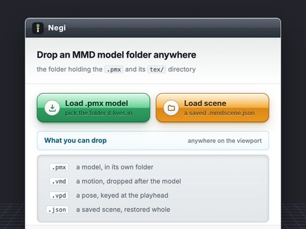 Negi's viewport with the panel that asks for a model folder