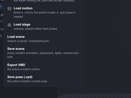 Negi's file menu, showing VMD and VPD export