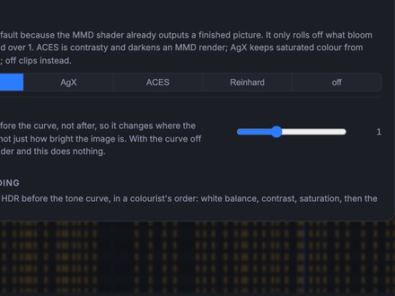 Negi's graphics settings over the render: depth of field, bloom and a colour grade